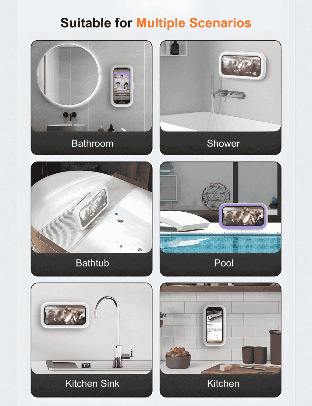 Gooditec Waterproof Shower Phone Holder, 360° Rotating Wall Mount Phone Case for Bathroom & Kitchen, IPX6 Splash-Proof, No-Drill Adhesive, Fits 4–7 Inch Smartphones