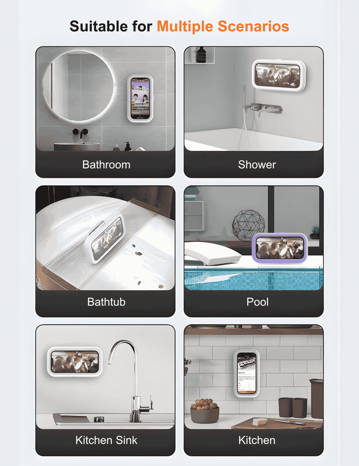 Gooditec Waterproof Shower Phone Holder, 360° Rotating Wall Mount Phone Case for Bathroom & Kitchen, IPX6 Splash-Proof, No-Drill Adhesive, Fits 4–7 Inch Smartphones