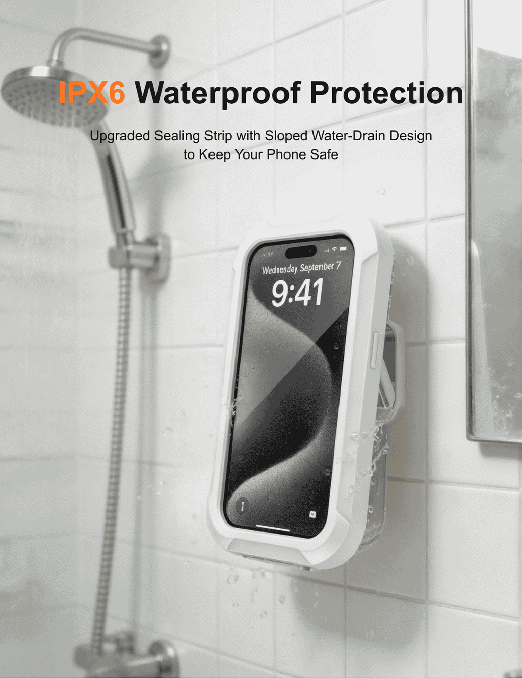Gooditec Waterproof Shower Phone Holder, 360° Rotating Wall Mount Phone Case for Bathroom & Kitchen, IPX6 Splash-Proof, No-Drill Adhesive, Fits 4–7 Inch Smartphones