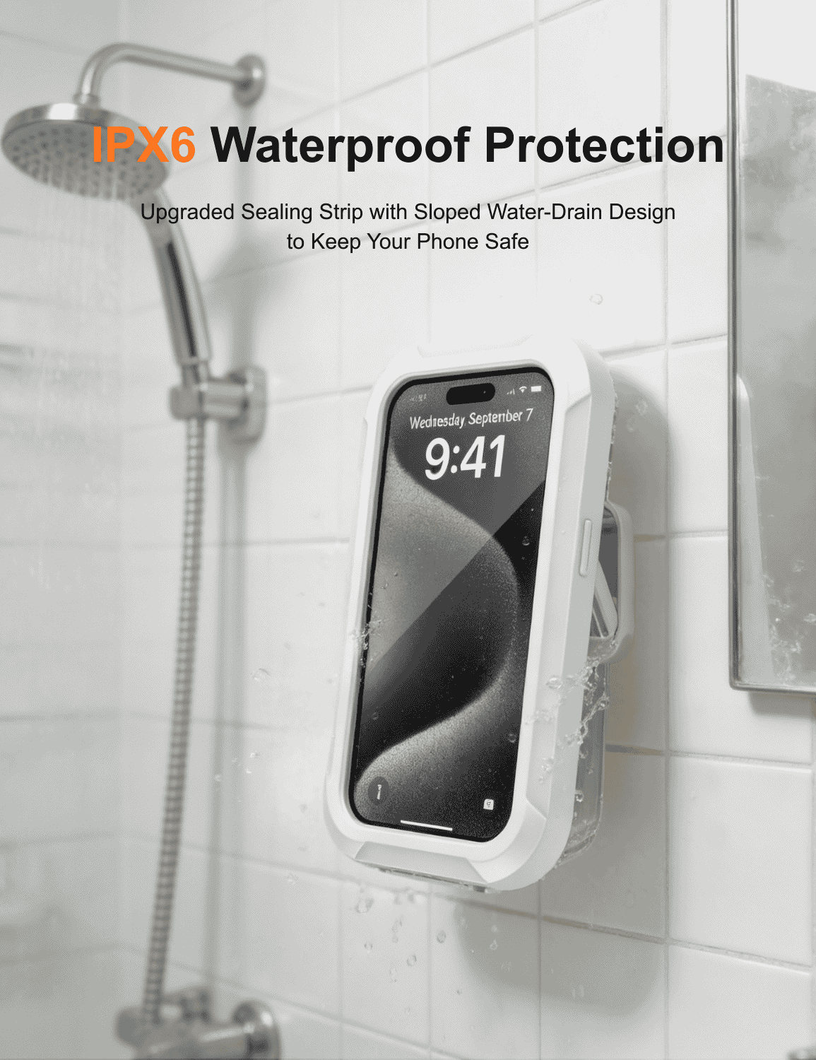 Gooditec Waterproof Shower Phone Holder, 360° Rotating Wall Mount Phone Case for Bathroom & Kitchen, IPX6 Splash-Proof, No-Drill Adhesive, Fits 4–7 Inch Smartphones