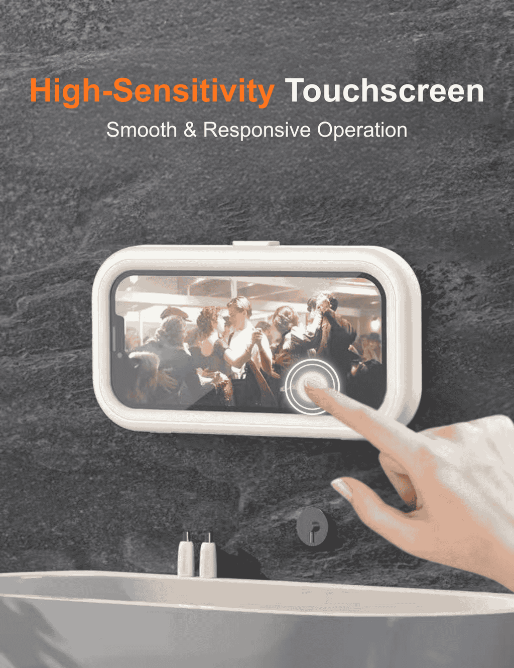 Gooditec Waterproof Shower Phone Holder, 360° Rotating Wall Mount Phone Case for Bathroom & Kitchen, IPX6 Splash-Proof, No-Drill Adhesive, Fits 4–7 Inch Smartphones