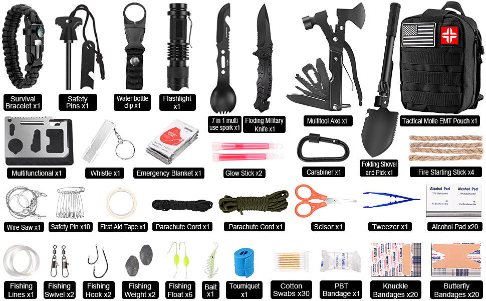 Emergency Survival Kit 142pcs – First Aid & Outdoor Gear for Camping, Hiking, Hunting, Adventure